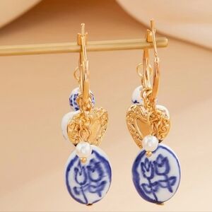 Gold and Blue Floral Charm Hoop Earrings